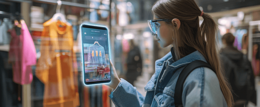 Un client utilisant une application AR dans un magasin de détail pour visualiser l'apparence d'un vêtement